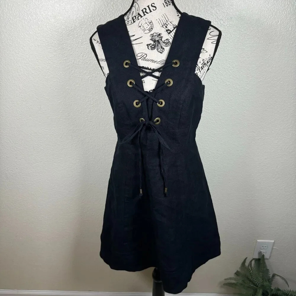 J. Crew Collection Black Structured Tie Bodice Linen Sleeveless Mini Dress Sz 4